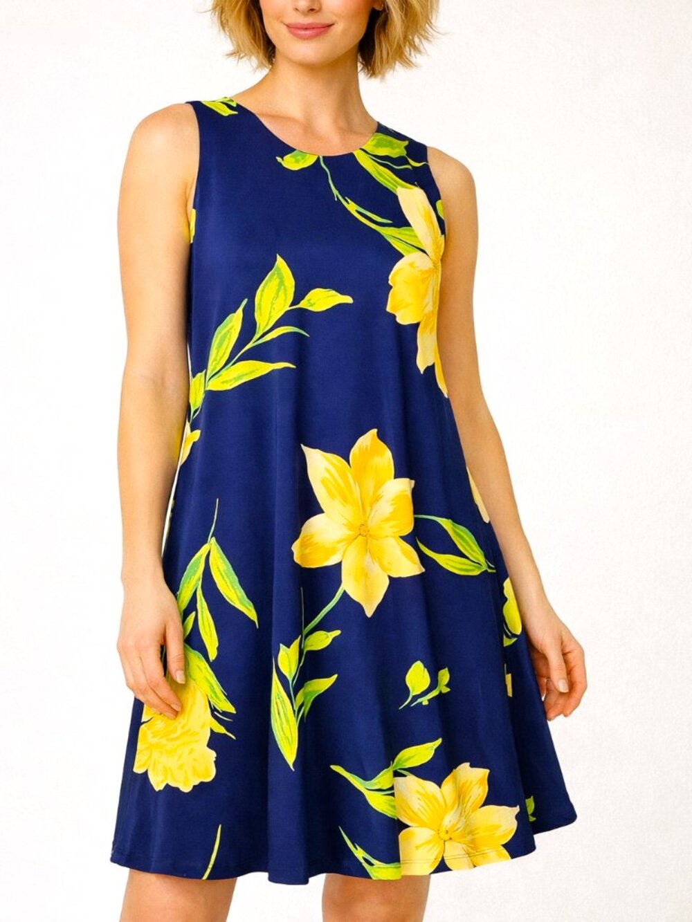 Anne Klein Lily Floral Navy Blue & Yellow Sleeveless A-Line Swing Dress, Size 4